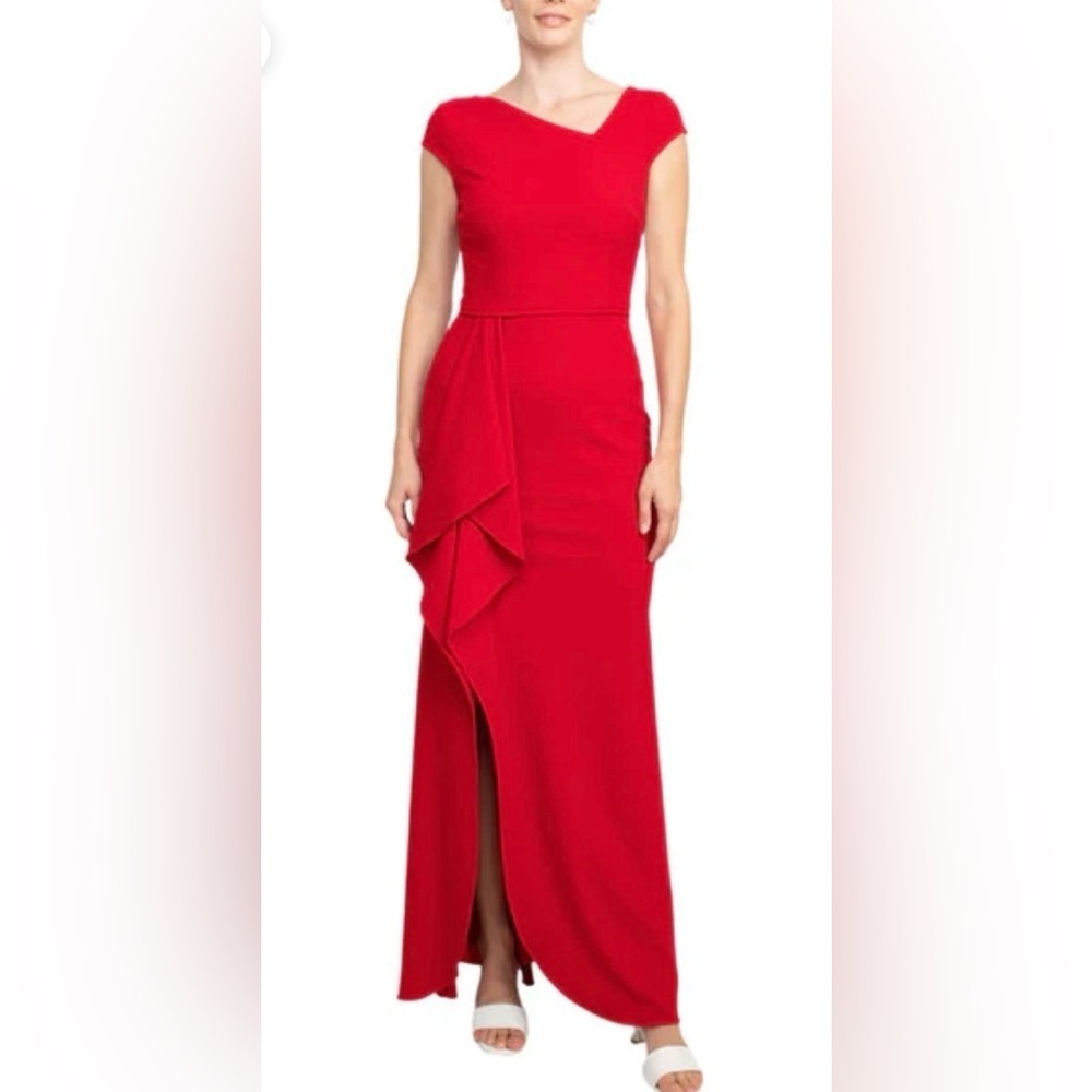Betsy & Adam - Asymmetrical Neck Cap Flutter Side Slit Scuba Dress - Blue